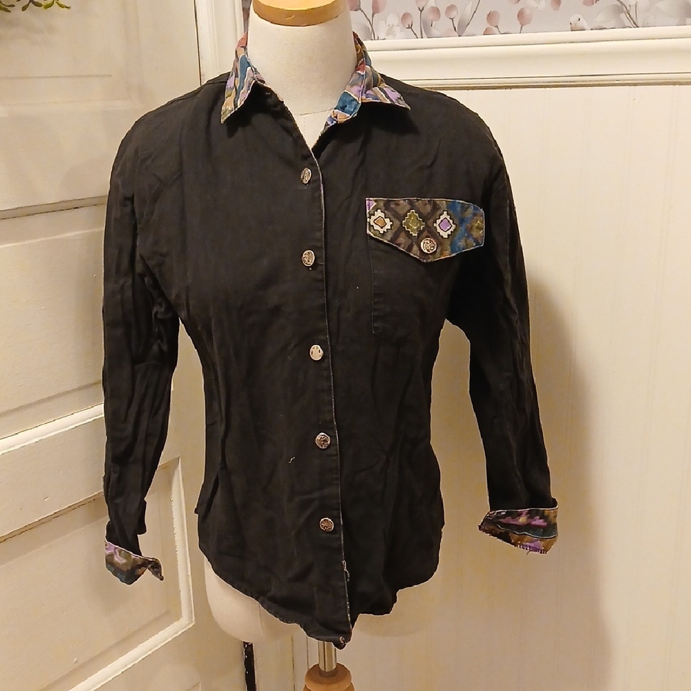 Circle T Black Button Down Shirt with Patterned Accents Vintage Western Cowboy
